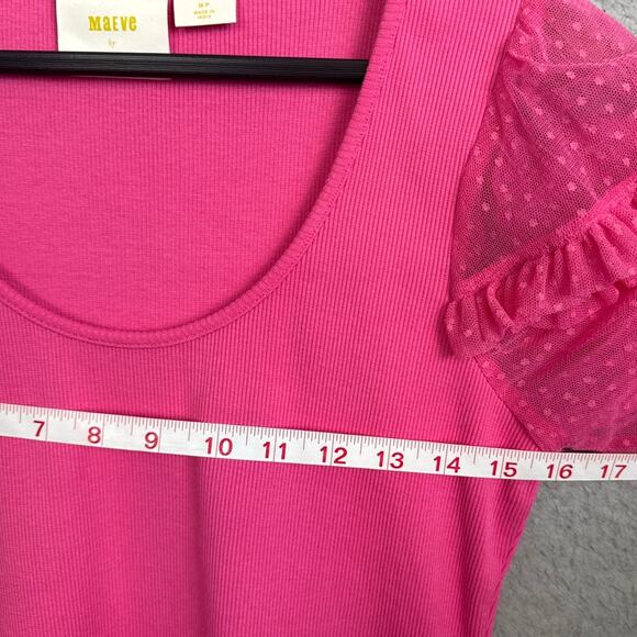 Anthropolgie Maeve Bright Pink Ribbed Top Sheer Ruffled Sleeves Size MP Barbie - Picture 4 of 8